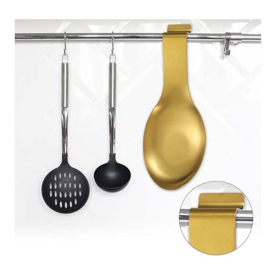 uxcell Spoon Rest, 10.6 x 3.7 Inch Stainless Steel Heat Resistant Spoon Holder Kitchen Utensil Stand with Hook for Stovetop, Rose Gold Tongs Spatula