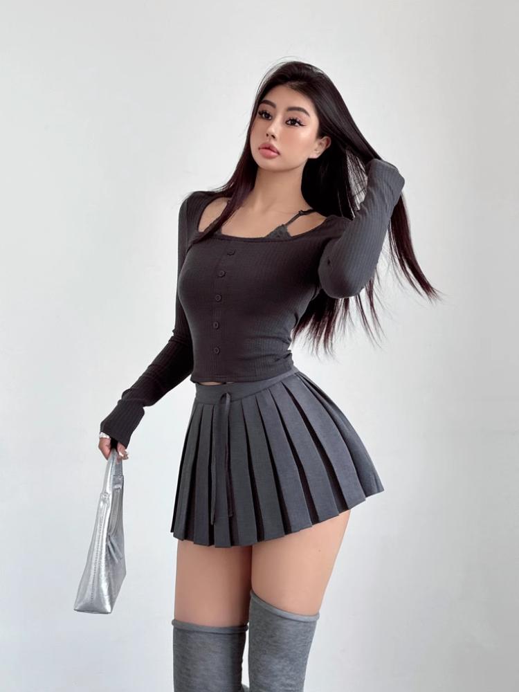 Šedá skládaná sukně Dámské Šněrovací Léto Preppy Styl Nízký pas Y2K Mini Krátké sukně Culottes Bílé