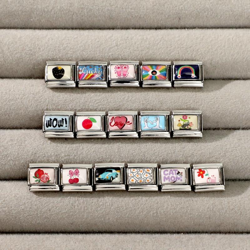 New Lucky Bow Cherry Heart Flowers Eyes Rainbow Strawberry Italian Charm Links Fit 9MM Stainless Steel Bracelet DIY Making Gift