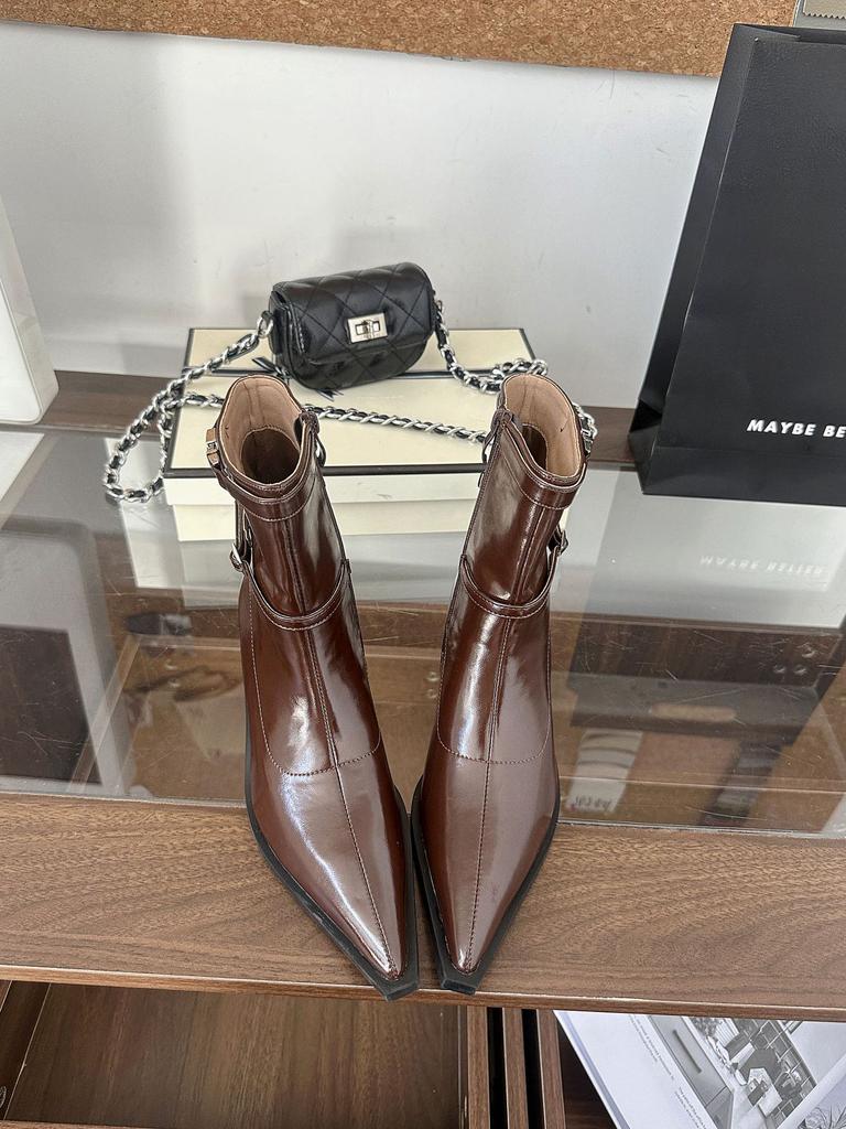 2025 New European and American Style Belt Buckle Pointed Thick Heel Thin Versatile Short Boots