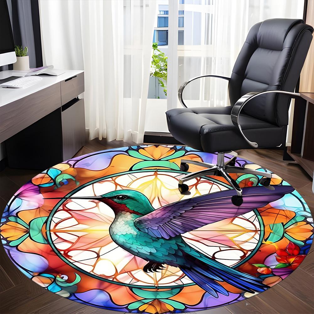 1pc Hummingbird StainedGlass Office Round Area Rug, Under Office Chairs Bedroom Living Room Home Decor, Room Deco