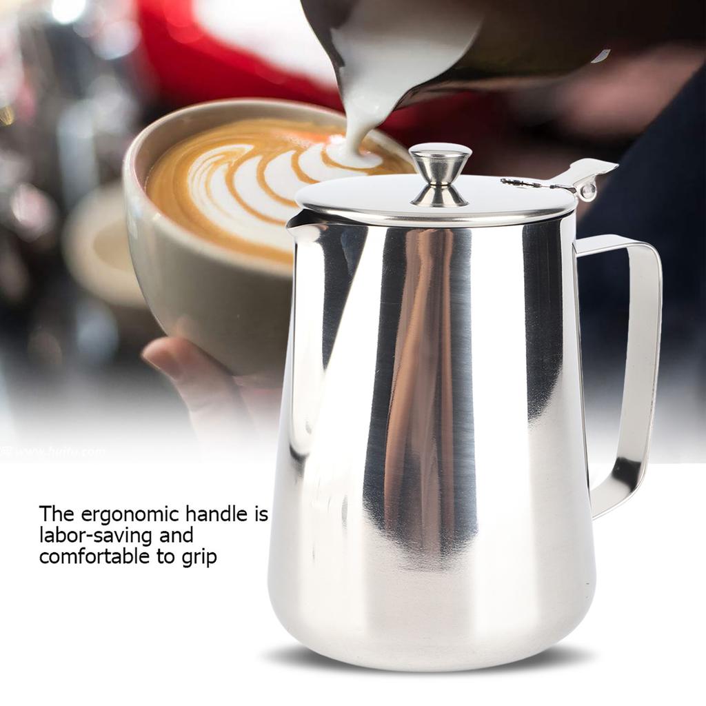 Edelstahl Kaffeetasse Becher Milch Aufschäumen Krug Krug mit Deckel für Latte Kaffee Kunst(1500ml)