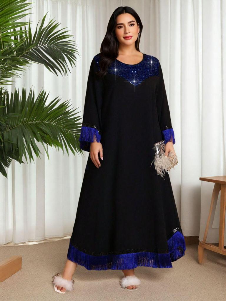 Plus Size Royal Blue Sequin Patchwork Tassel Cuff Islamic Style Long Dress
