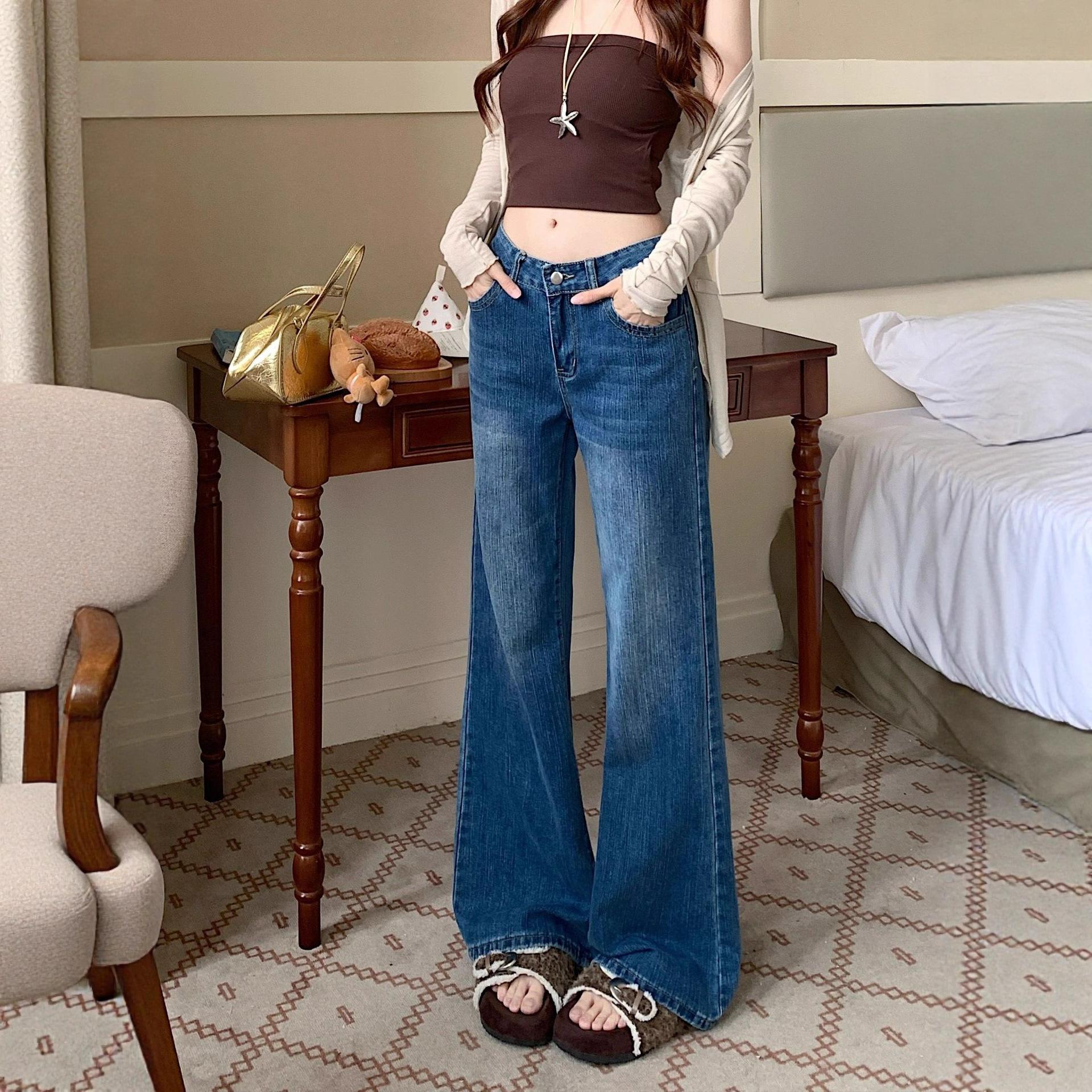 

Дизайнерские джинсы микро с заниженной талией синего цвета для женщин на осень, драпировка на сто ярдов, расклешенные брюки-подковы, ретро уличный стиль, мешковатые длинные джинсы для леди 4XL