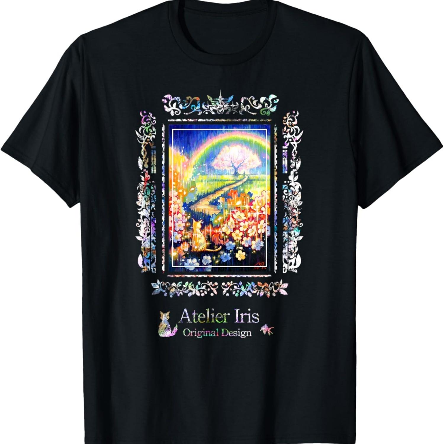 rainbow, cherry blossom, cat cherry blossom T-Shirt S чёрный