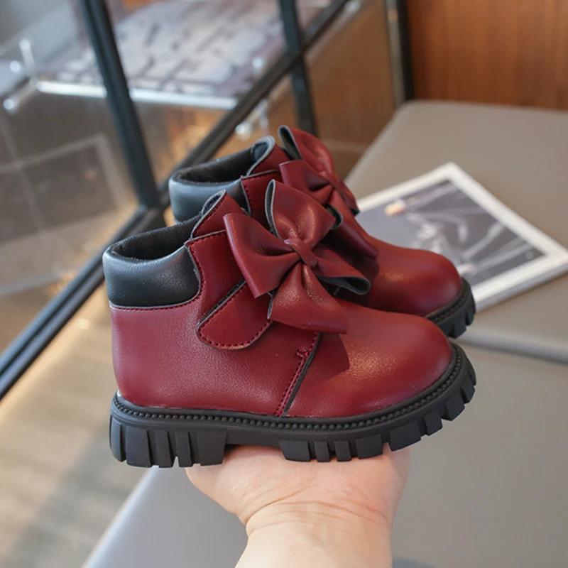 Multi Color Versatile Girls Boots with Flat Heel Low Cut Bow Anti Slip and Waterproof Winter Microfiber Leather Fashion Boots
