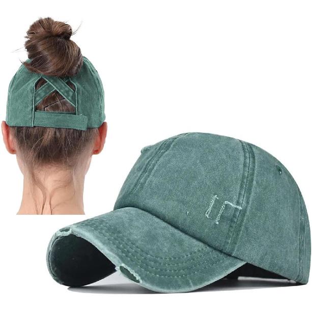 2 Packs Womens Ponytail Criss Cross Hat Baseball Cap Distressed Ponytail Hat High Messy Bun Trucker Ponycap