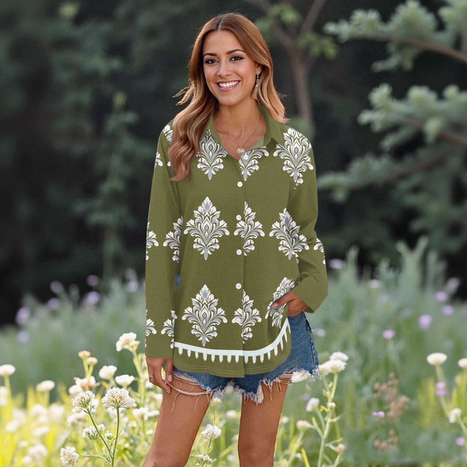 Women s Casual Fashion Tops Long Sleeve Button Loose Shirt L