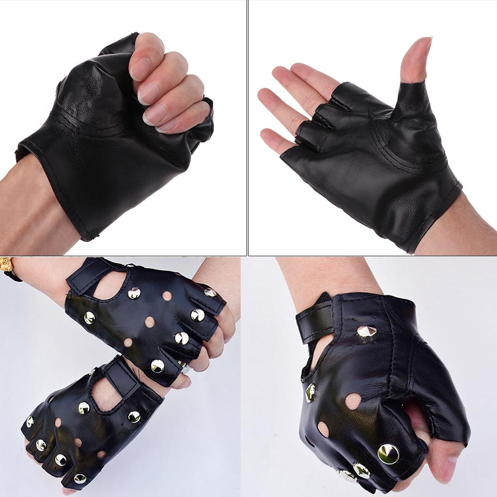 Black Half Finger Motorcycle Mittens Solid Color Faux Leather Gloves for Unisex