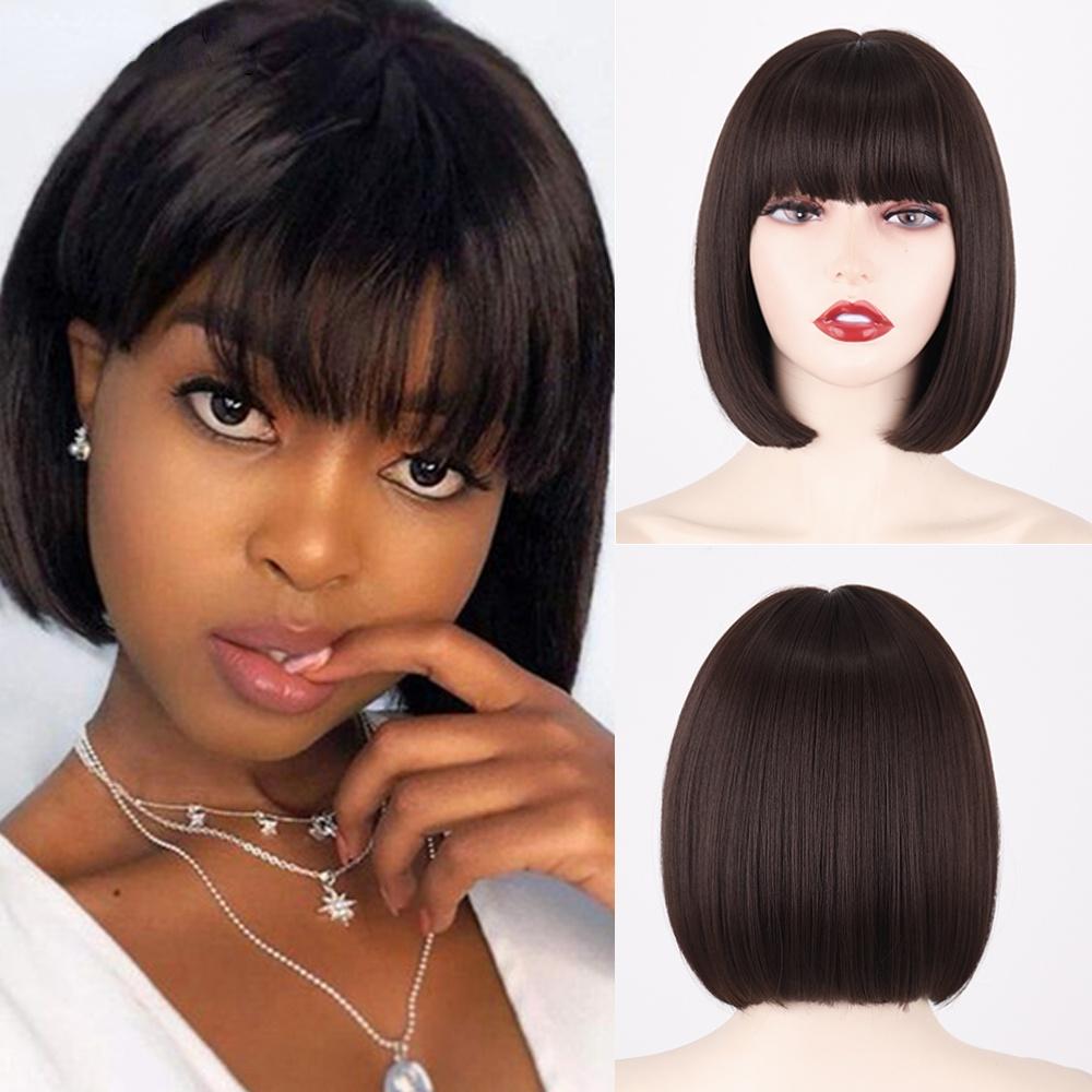 MERISIHAIR Short Bob Wig with Bangs Pure Color Black Brown Wig for Women Synthetic Wigs for Lolita Party Cosplay Daily Use