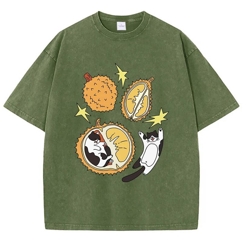 T-shirt Unisex Stampa Gatto Cartone Animato Durian Annidato Cotone Usurata Oversize Girocollo Top Trendy