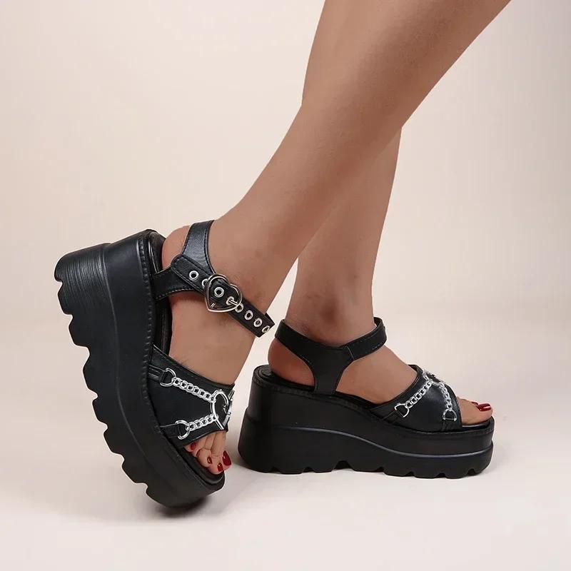 Fashion 35-43 Plus Size Fashion Slope Heel Women Sandals Metal Chain Decoration Female Buckle Platform Shoes Women's Sandals Tide Shoes