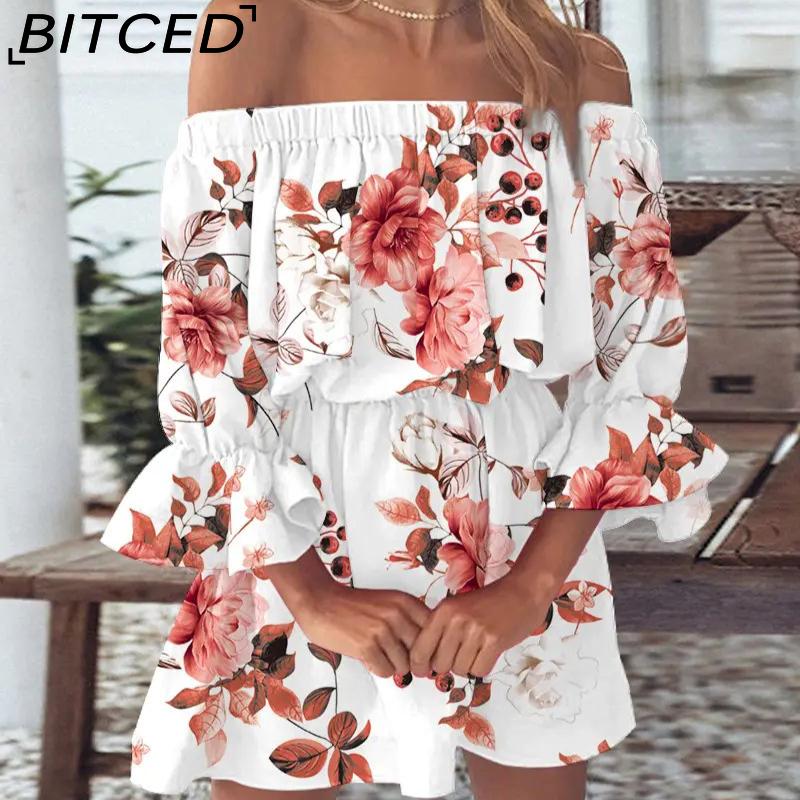 BITCED Women Floral Print Mini Dress Summer Sexy Off Shoulder Flare Sleeve Tunic Dress Female Casual Boho Beach Dress
