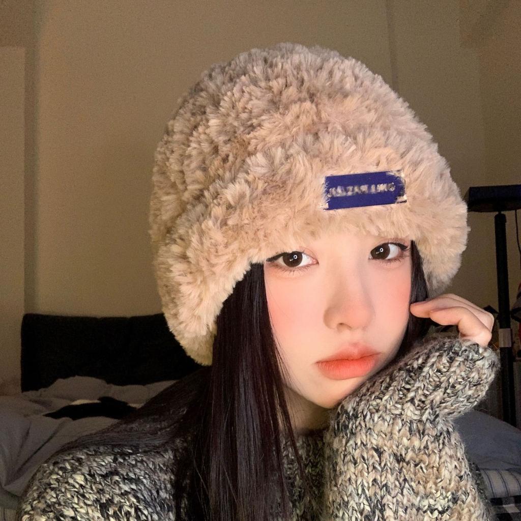 Hat Female Autumn and Winter Warm Imitation Fur Plush Hat Small Face Knitted Pullover Hat Big Head Circumference Ear Protector Wool Cold Hat