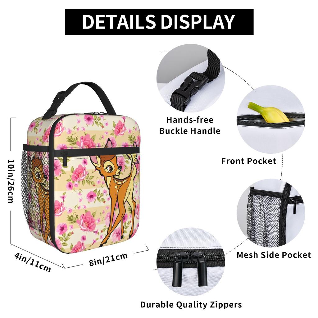 Bambis Floral Insulated Lunch Bags Thermal Bag Reusable,Meal Container  High Capacity Tote Lunch Box Girl Boy College  Outdoor
