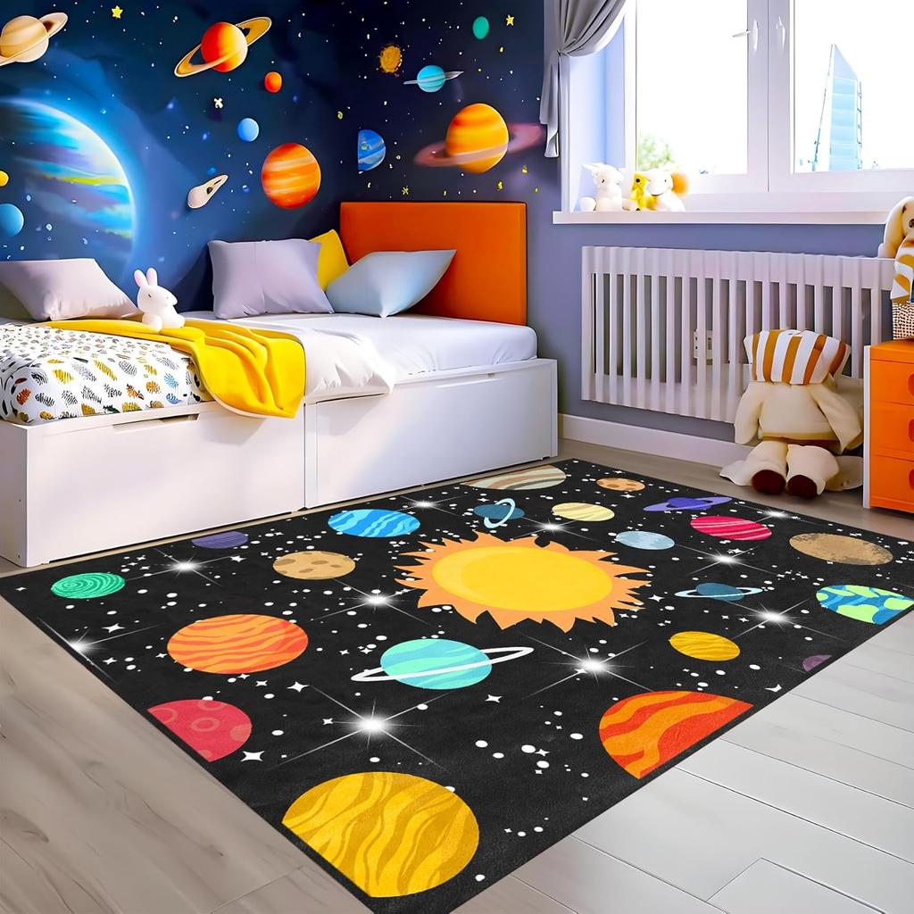 Cartoon Solar System Rug for Kids Bedroom, Space Galaxy Planet Carpet, Educational Outer Space Theme Play Mat for Boys Girls