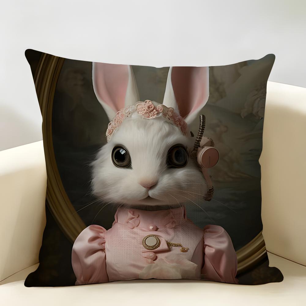Rabbit Portrait Renaissance Cushion Cover Natural Linen Organic Fabric DoubleSided Printing Room Sofa Decor Pillow Case