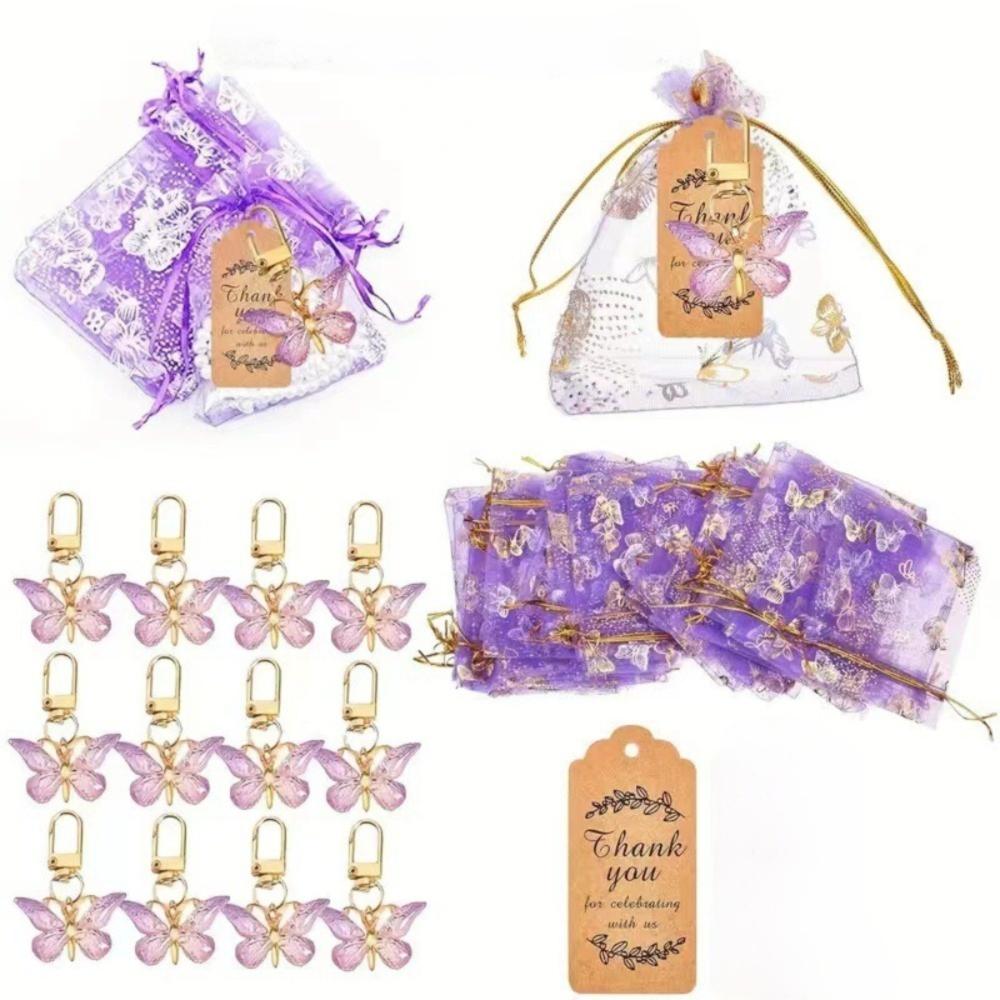 6Set/Pack Gradient Design Butterfly Keychain Gift Set Brown Cards Party Gift Bag Organza Drawstring Bags Party Favor