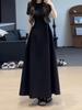 Women's French Retro Hepburn Style Black Summer Dress - Slimming Waist-Cinching Long Dress