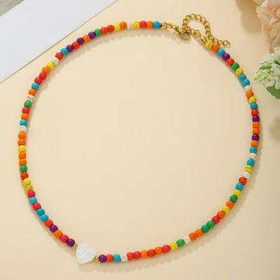 Bohemian Style Colorful Turquoise Beaded Necklace With Heart Mother Of Pearl Pendant For Women