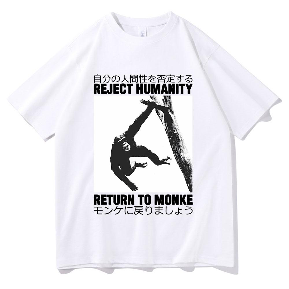 Rejeter l'Humanité Retourner au Singe T-shirt Mignon Drôle Meme Singe Japonais Impression Graphique T-shirt Homme Coton T-shirts Oversize