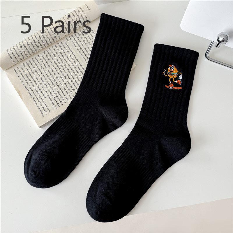 5 perechi de șosete absorbante de transpirație cu design de desene animate, pentru bărbați și femei, cu tub mediu lung, brodate