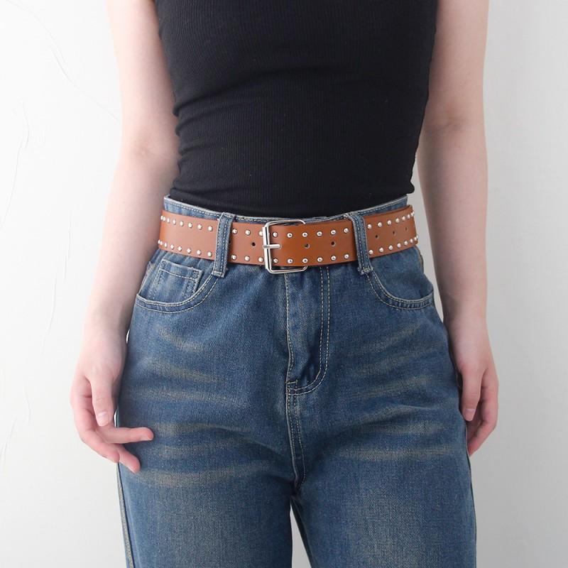 Studded Wide Leather Belt Women Punk Y2K Hip Hop Style Adjustable Waistband With Metal Pin Buckle