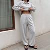 2026 Womens 2-Piece Casual Set Long Sleeve Polo Top Wide Leg Pants Sportswear