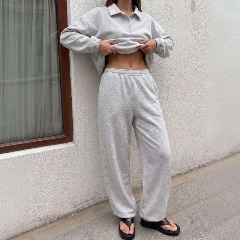 2026 Womens 2-Piece Casual Set Long Sleeve Polo Top Wide Leg Pants Sportswear