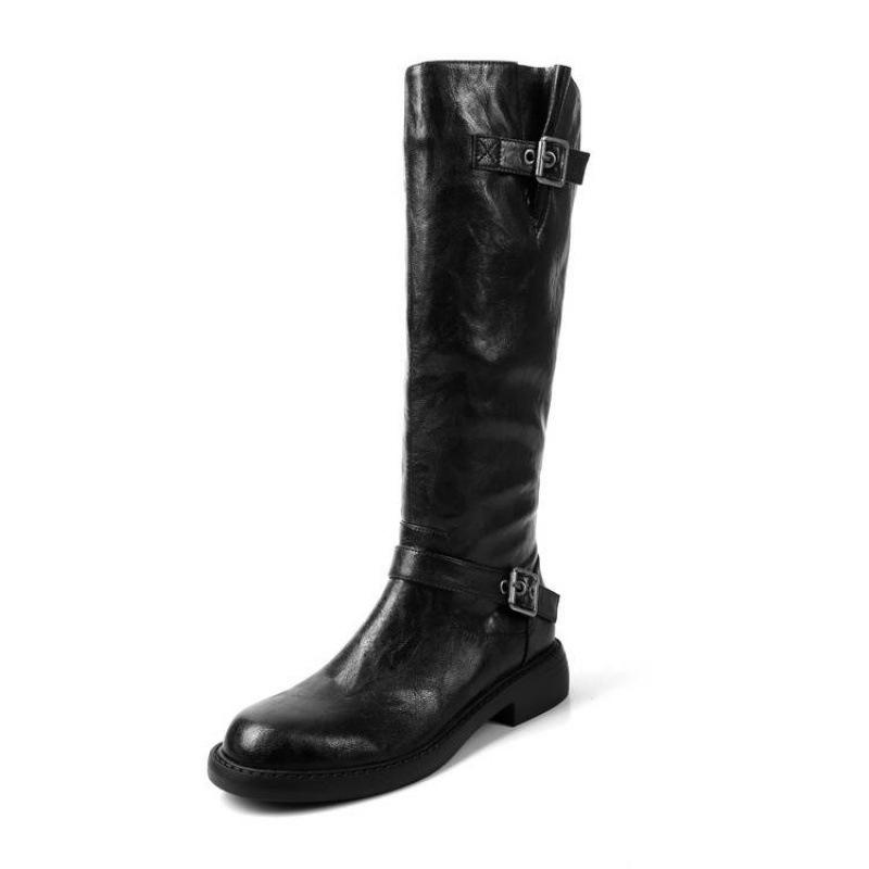 Autumn and winter women's leather boots versatile medium heel leather knight boots round head side zipper new cowhide big tube high boots