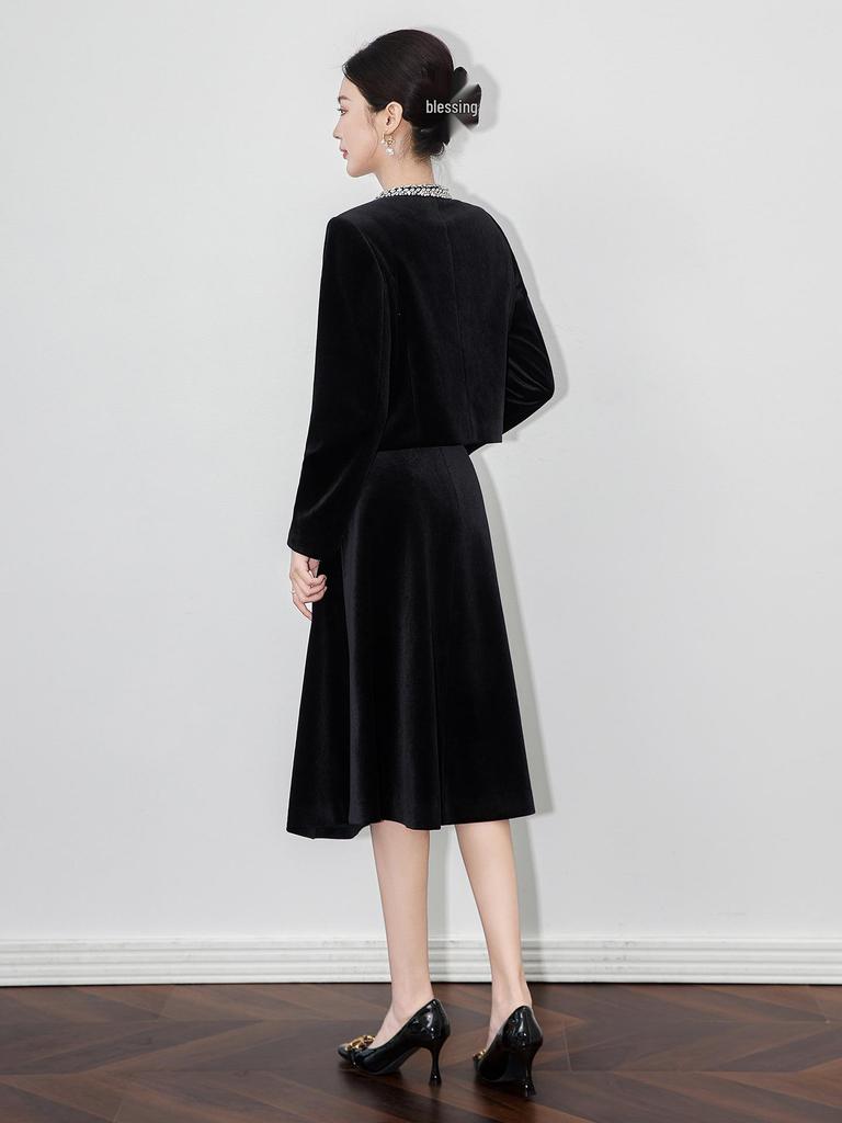 French Chic Beaded Velvet Jacket & Swing Midi Skirt Set