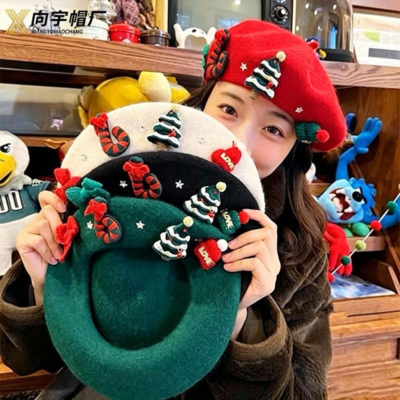 Meier Christmas beret, female three-dimensional Christmas tree decoration holiday atmosphere hat
