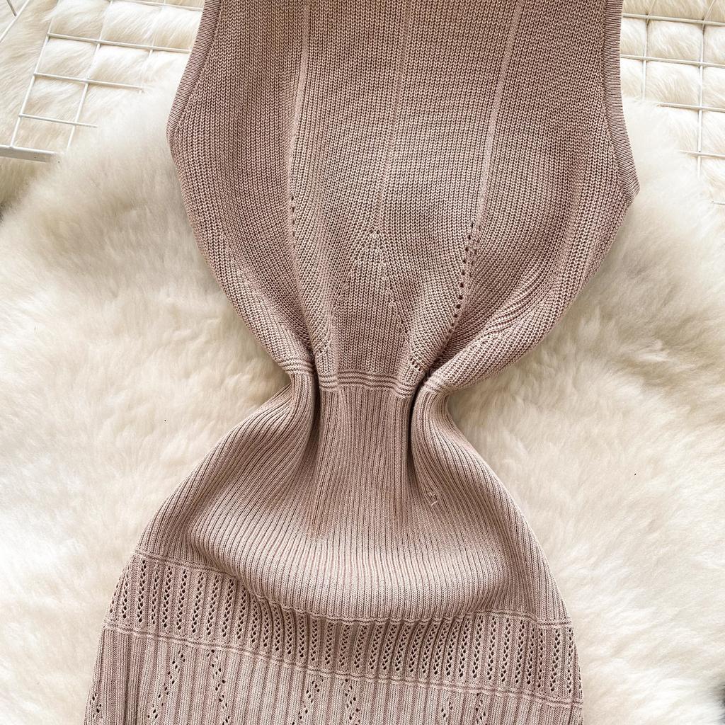 Verano Mujer Cuello con Cuentas Suéter de Punto sin Mangas Y2K Mini Corto Ajustado Vestidos de Vaina