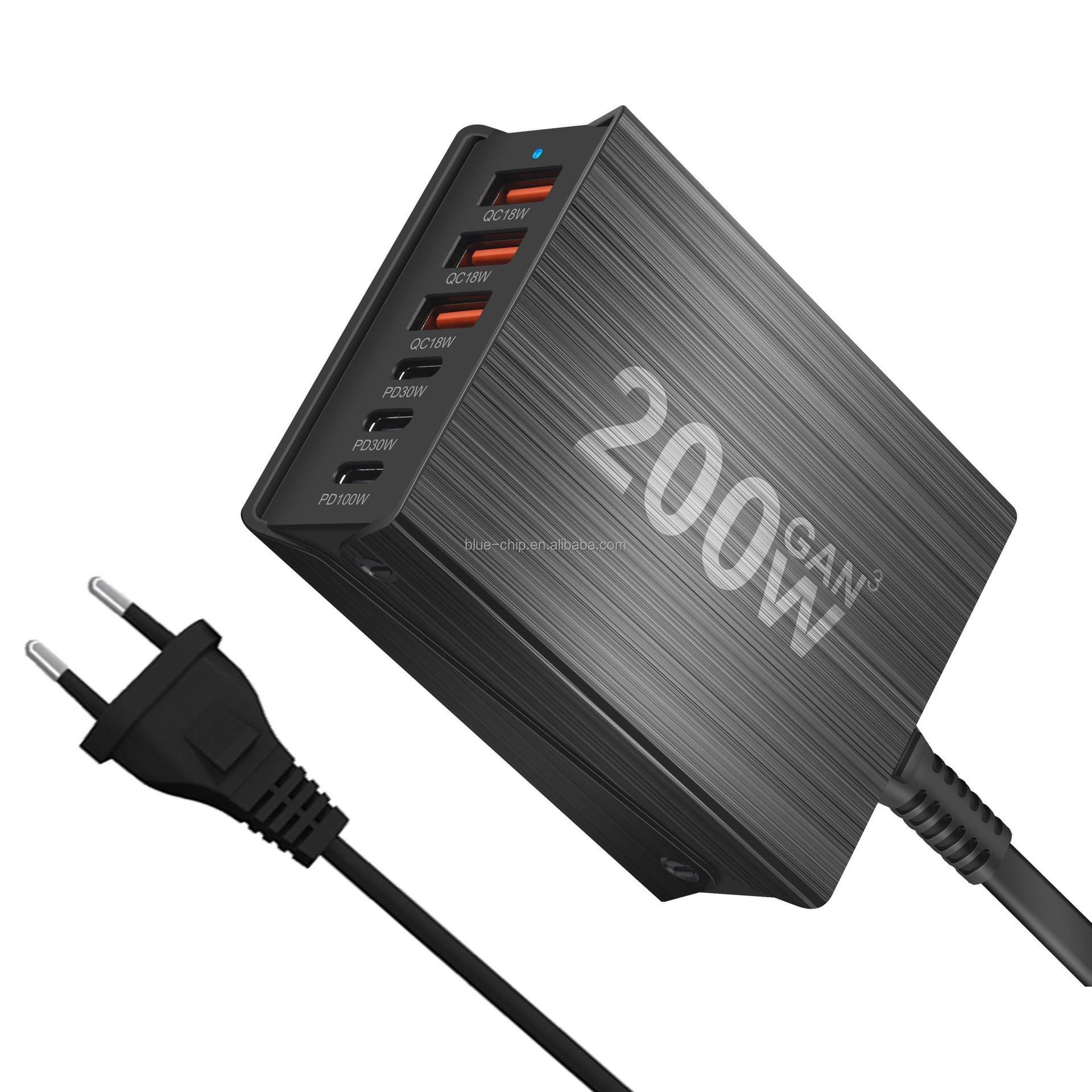 

Gan High Quity Desktop Eu Us Uk Australia Plug Type C Wall Fast Charging Gan 200W 6 Ports Usb C Laptop Universal Charger Adapter
