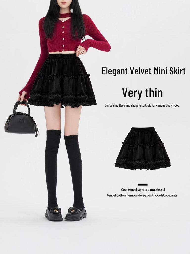 High-Waist Velvet A-Line Fluffy Skirt for Women - Autumn/Winter Collection