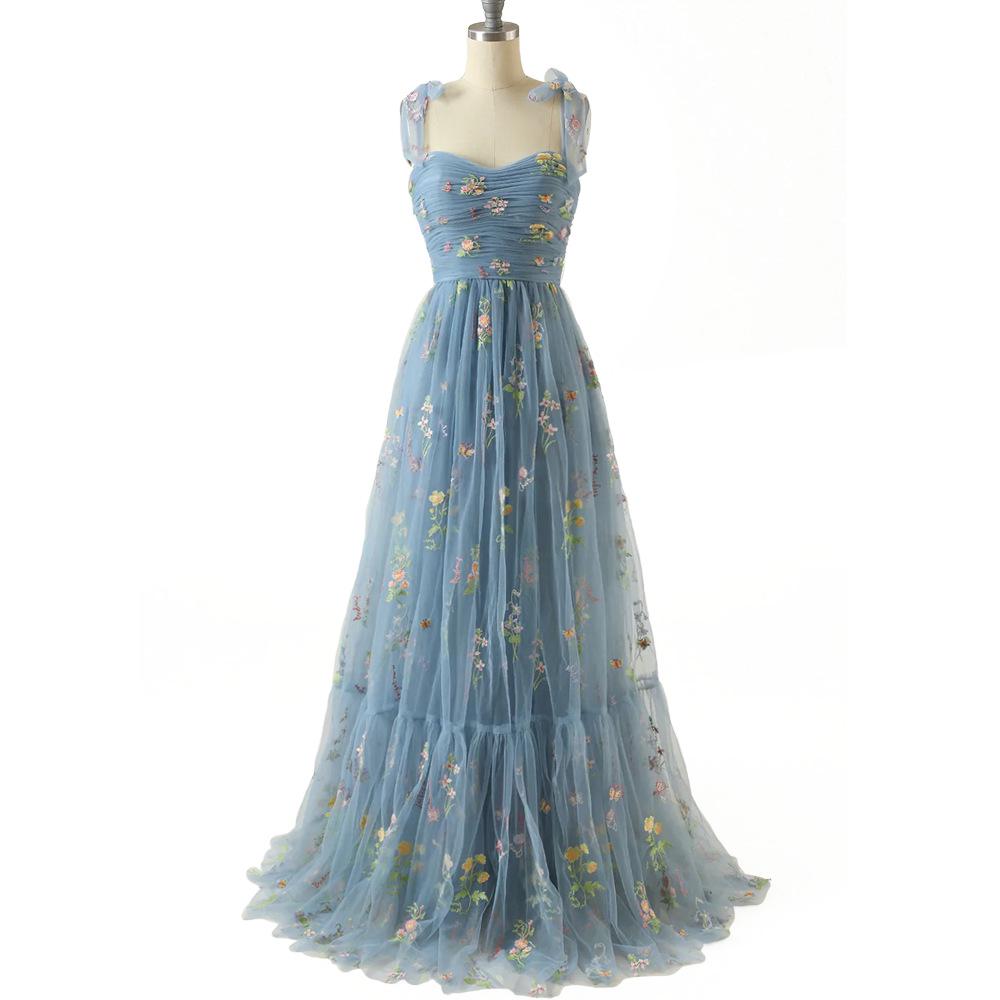 Women's Floral Strappy Evening Gown with Small Train - Perfect for Beach Vacations