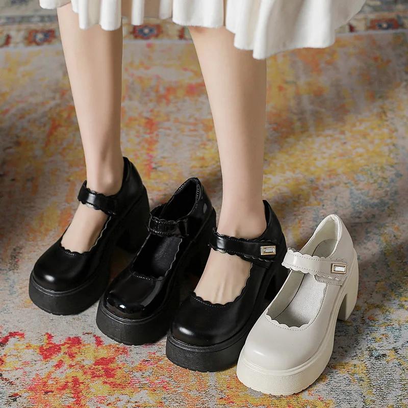 2024 2024 White Platform Pumps for Women 10cm High Heels Buckle Strap Mary Jane Shoes Woman Goth Thick Heeled Party Shoes Ladies