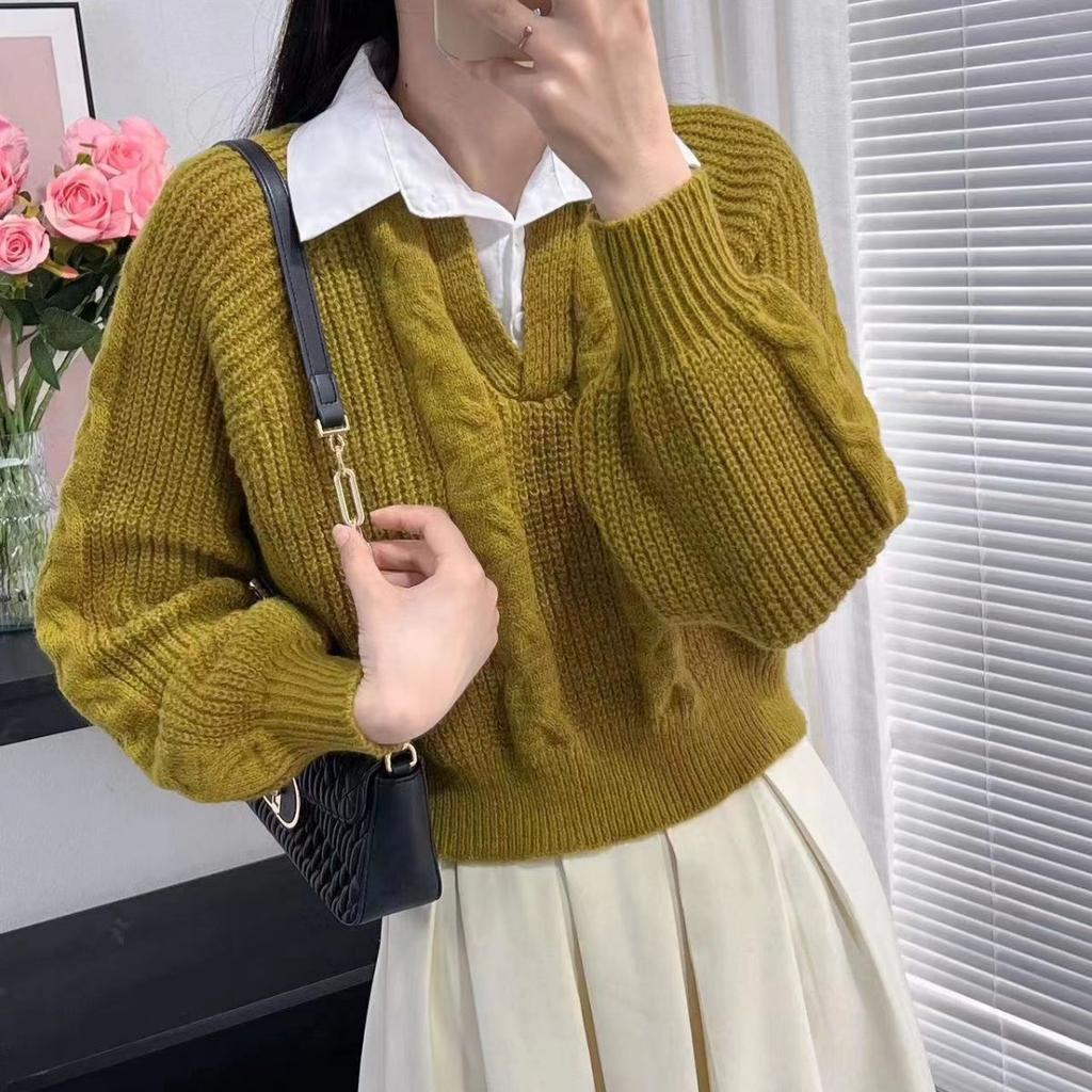 Korean Fake Two Piece Cable Knit Sweater Women Autumn Design Pullover Loose Slim Outerwear Top