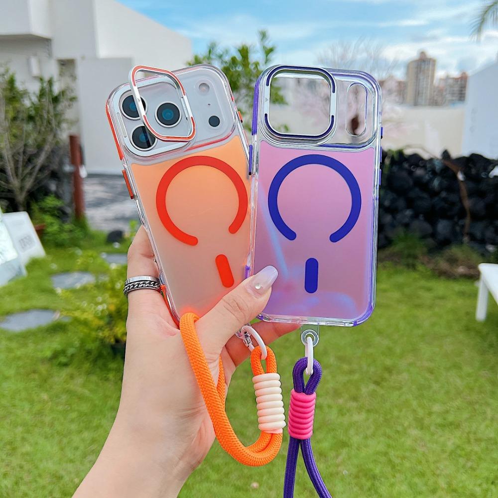 Gradient Color Folding Kickstand Camera Frame Magnetic Phone Case for IPhone 17 Pro Max 17 Wireless Charging Wrist Strap Cover