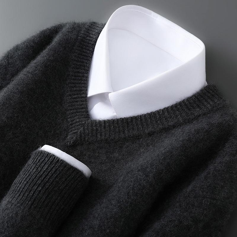 Men's 100% Pure Wool V-neck Thick Warm Business Casual Sweater
