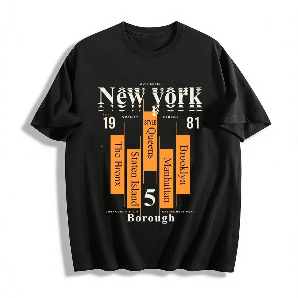 New York Five Boroughs Print Casual Men s Vintage Cotton Top Pure cotton T-shirt XXS