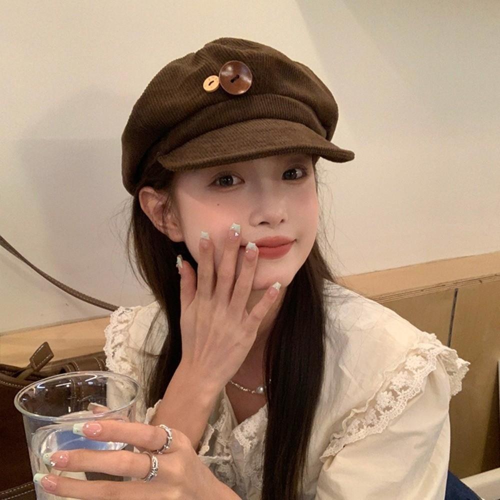 Japanese Double Button Berets Hat Y2k Octagonal Hat Retro Corduroy Baseball Cap  Girls
