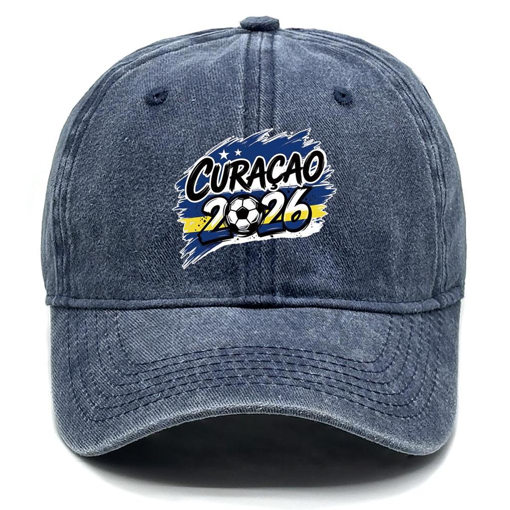 2026 Football Soccer "CURACAO" Flag Printed Baseball Hat , Adjustable Baseball Cap Headwear Non-Stretch Fabric Leisure Solid Color Sun Hat