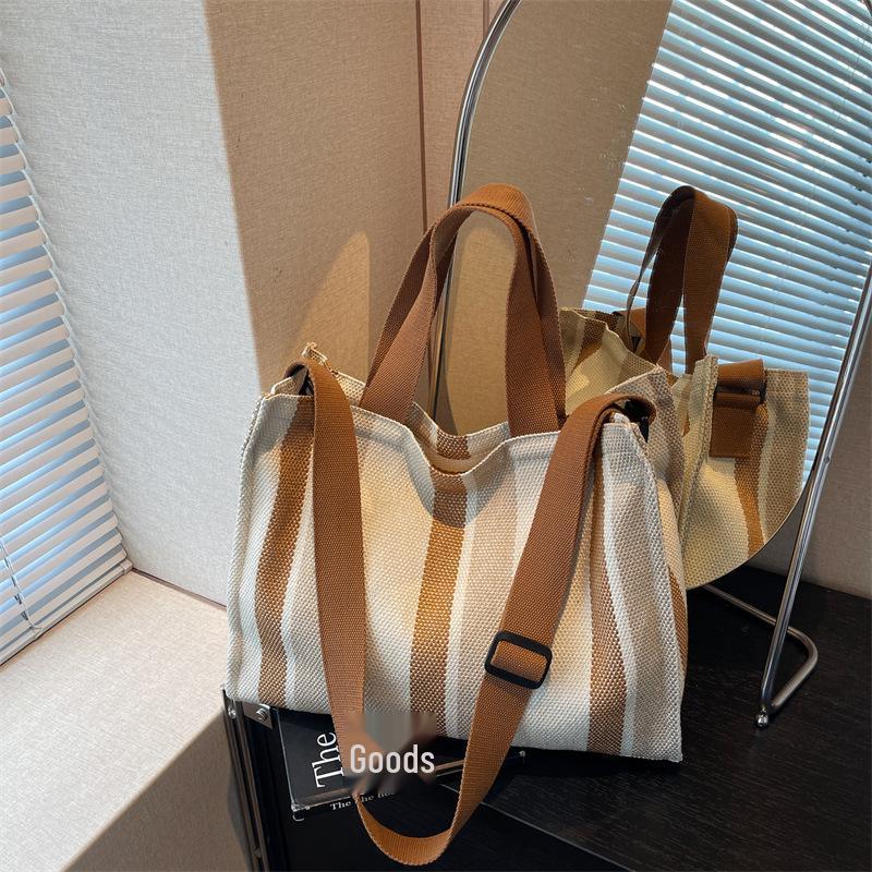 Women's Large Capacity Striped Canvas Tote Bag - Casual Shoulder Handbag