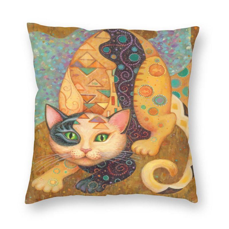Lovely Cartoon Klimt Style Cat Kitten Throw Pillow Cover Home Decor Square Gold Animal Art Cushion Cover 45X45Cm For Living Room