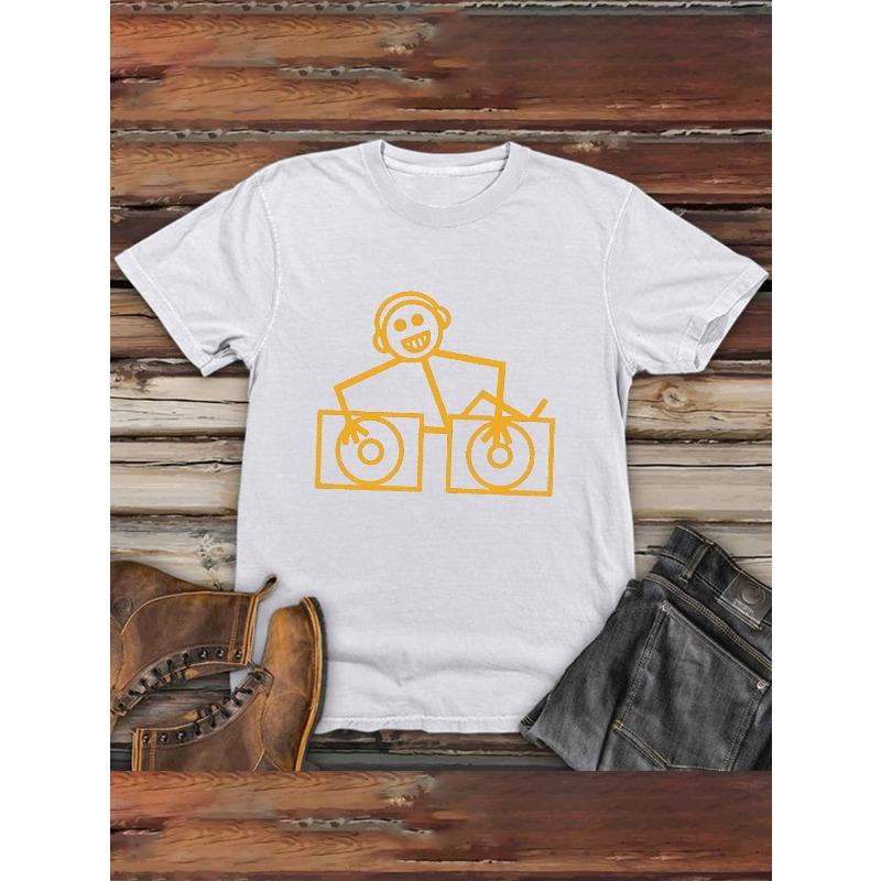 Men'S Funny DJ Club Print T-Shirt, Casual Crew Neck Short Sleeve Top, Medium Stretch, Summer Going Out Tee