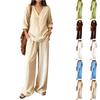 Ensemble deux pièces pour femme - Haut à manches longues et col en V en coton et lin - Pantalon décontracté droit