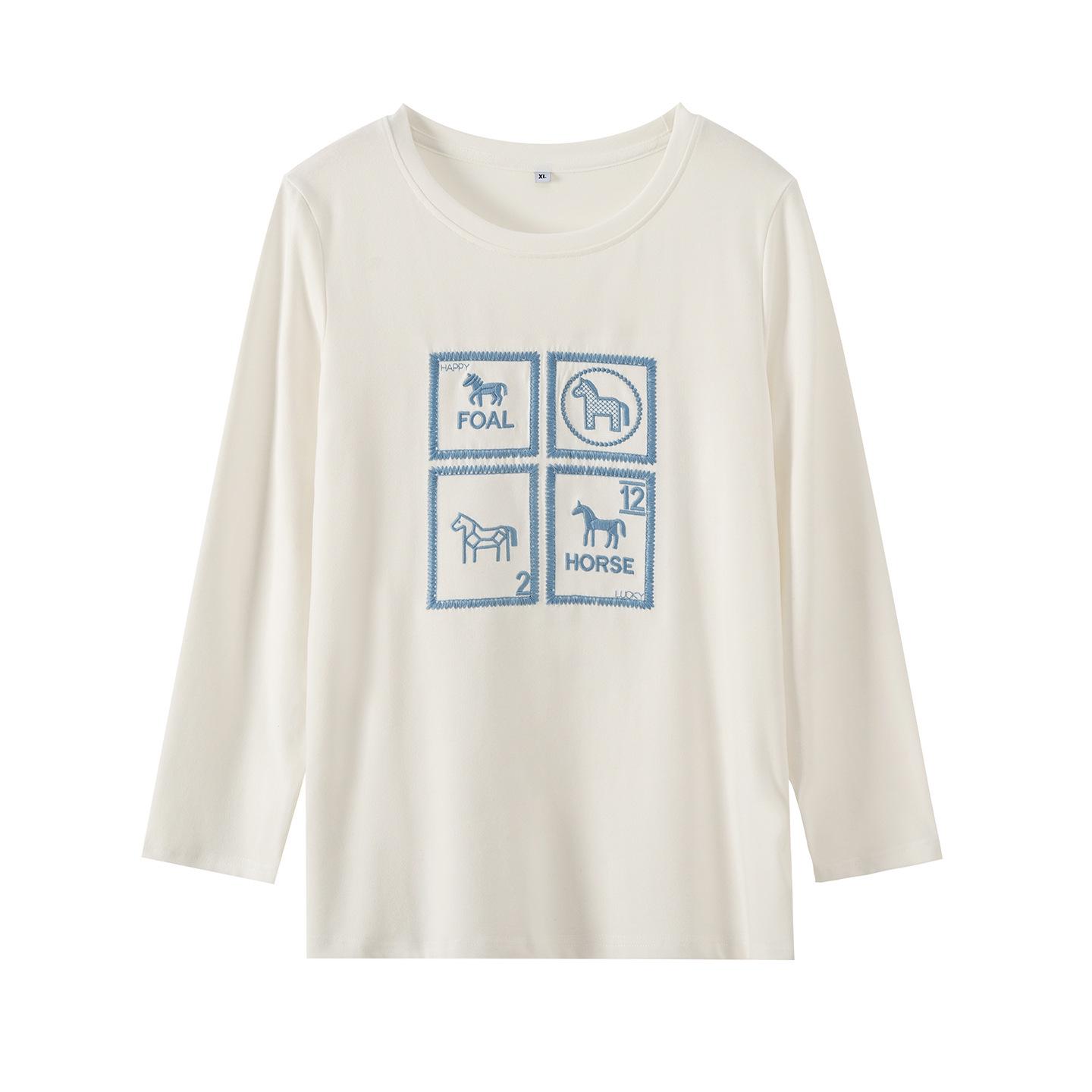 

Zhi Xuan Plus Size Women s Little Horse Embroidery Long Sleeve Round Neck T-shirt - Spring 2026 Casual Slimming Top 3XL (171-190 lbs) грязно-белый