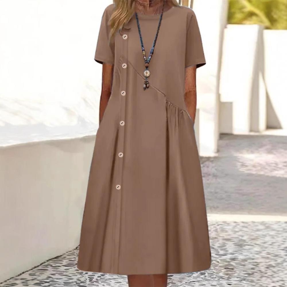 Women's Solid Round Neck Short Sleeve Button Decorative Waist Pocket Dress Pocket Dress