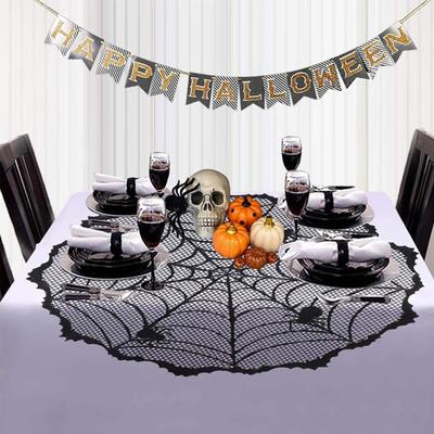 Halloween Tablecloth Decoration Black Lace Table Runner Round Spider Cobweb Table Cover Fireplace Mantel Scarf Lampshade Bat Wall Stickers for